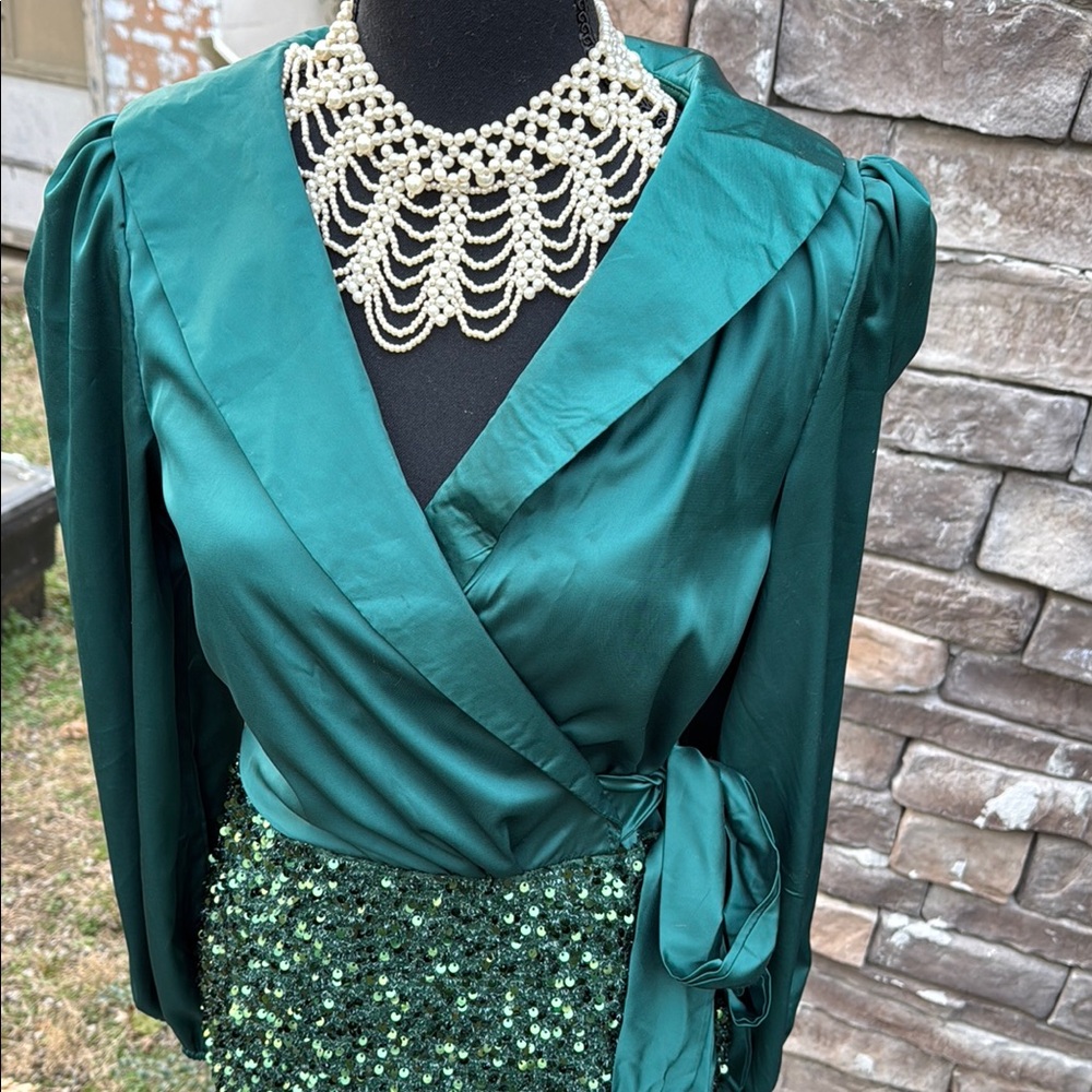 Elegant Green Satin Wrap Dress with Sequin Skirt
